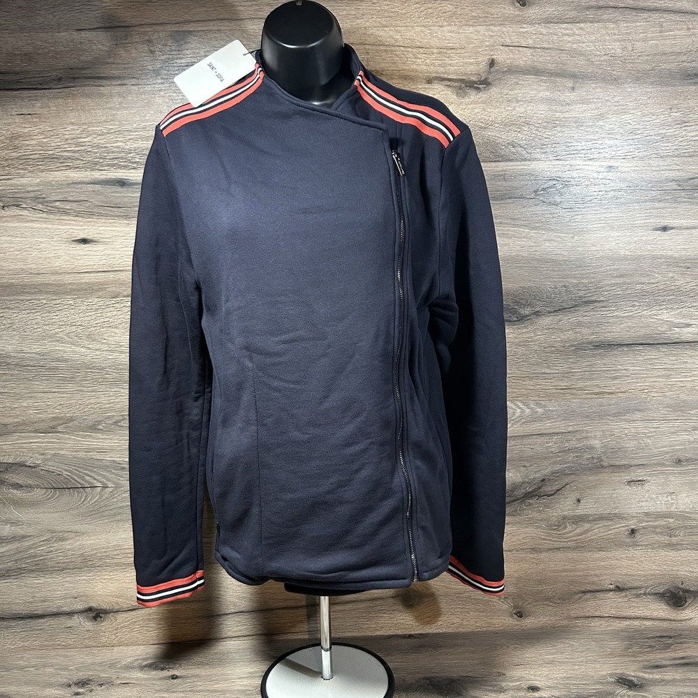 NEW Saint + Sofia Women's Cotton Biker Jacket - Navy/Red Stripe‎ Size 12